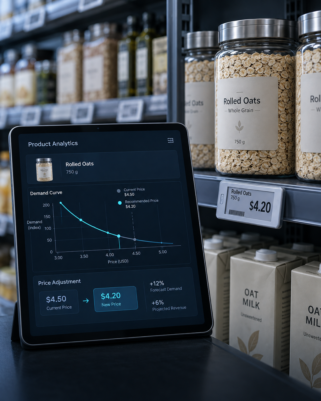 Retail shelf with an electronic price label matching a price adjustment on an analytics tablet