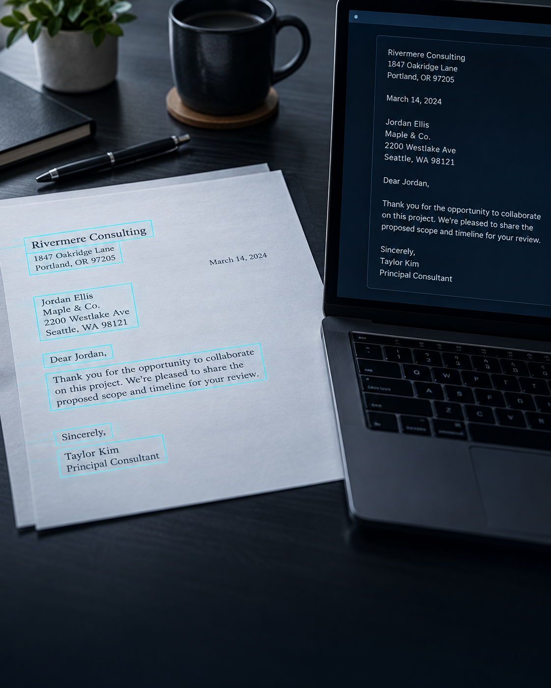 Printed document with detected text beside its digital transcription on a laptop