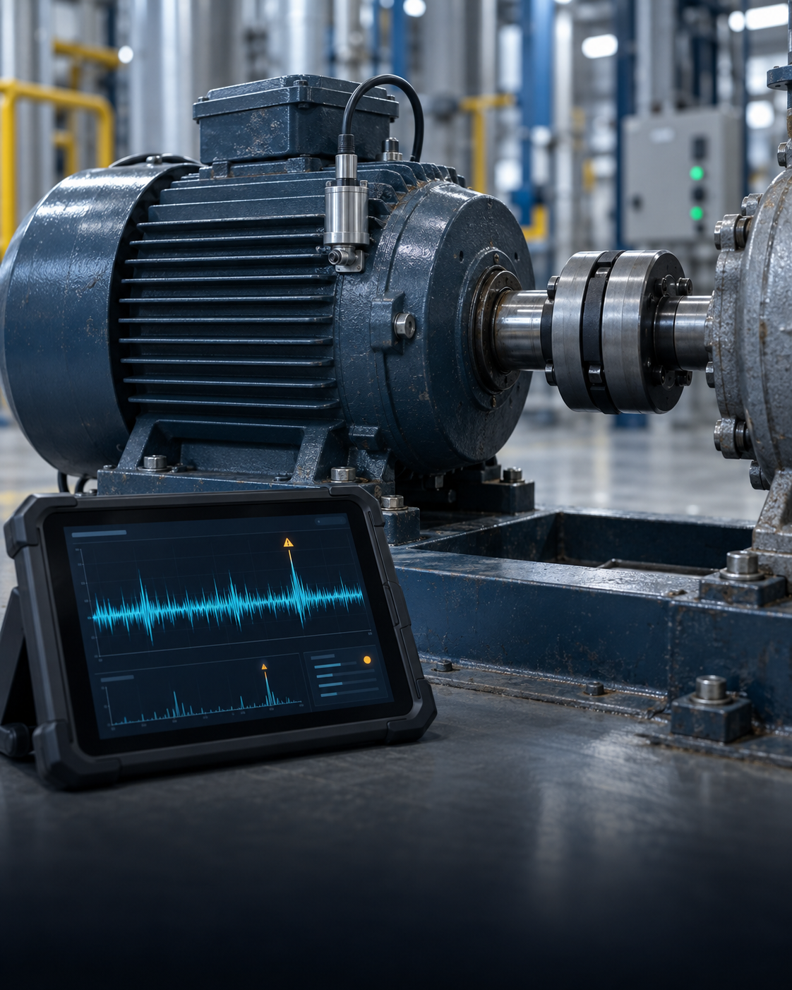 Industrial motor with a vibration sensor and diagnostic tablet highlighting an anomaly